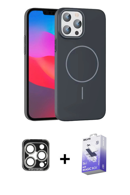 iPhone 15 Pro Max Kılıf Siluet Doku Özel Seri - Siyah Bilvis 5in1 5D Magic Hayalet Cam Ekran Ko