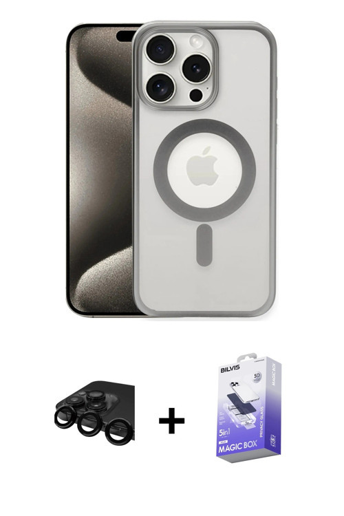 ieg™ iPhone 15 Pro Max Kılıf Siluet Çizgi Serisi - Siyah Bilvis 5in1 5D Magic Hayalet Cam Ekran Koru