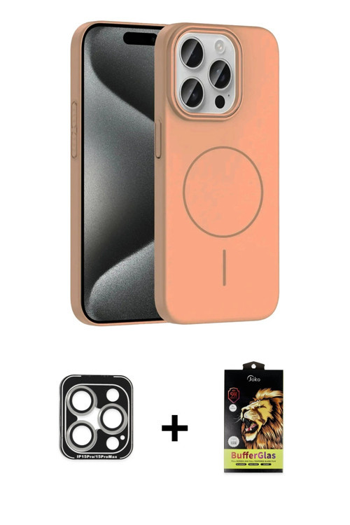 ieg™ iPhone 15 Pro Max Kılıf Siluet Doku Özel Seri - Siyah Buffer Cam Ekran Koruyucu + Gümüş PVD Met