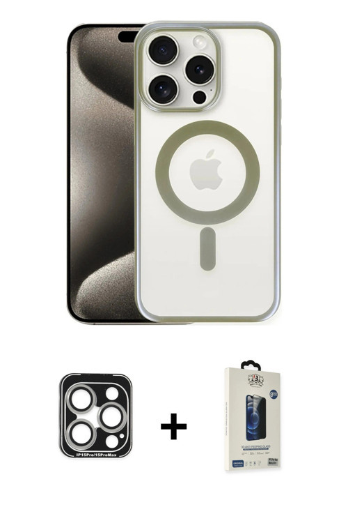 ieg™ iPhone 15 Pro Max Kılıf Siluet Çizgi Serisi - Siyah Bilvis Hayalet Cam Ekran Koruyucu + Gümüş P