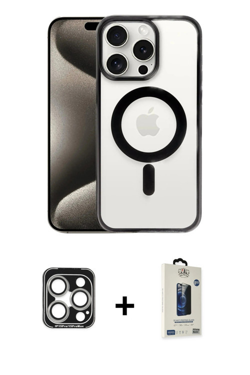 ieg™ iPhone 15 Pro Max Kılıf Siluet Çizgi Serisi - Siyah Bilvis Hayalet Cam Ekran Koruyucu + Gümüş P