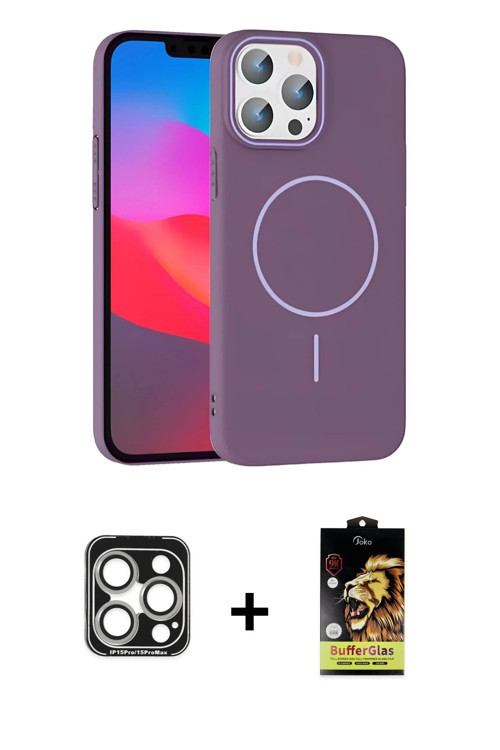 ieg™ iPhone 15 Pro Max Kılıf Siluet Doku Özel Seri - Siyah Buffer Cam Ekran Koruyucu + Gümüş PVD Met