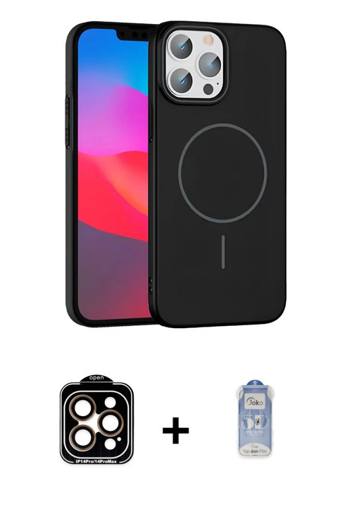 ieg™ iPhone 15 Pro Max Kılıf Siluet Doku Özel Seri - Siyah Joko Magic 5D Cam + Turuncu PVD Metal Kam