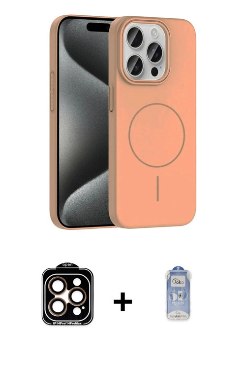 ieg™ iPhone 15 Pro Max Kılıf Siluet Doku Özel Seri - Siyah Joko Magic 5D Cam + Turuncu PVD Metal Kam
