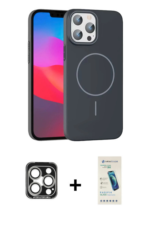 ieg™ iPhone 15 Pro Max Kılıf Siluet Doku Özel Seri - Şeffaf Pasifik Cam Ekran Koruyucu + Gümüş PVD M