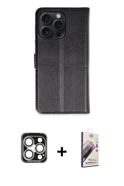 ieg™ iPhone 15 Pro Max Kılıf Siluet Işık Serisi - Siyah Bilvis 3D Mat Cam Ekran Koruyucu + Gümüş PVD