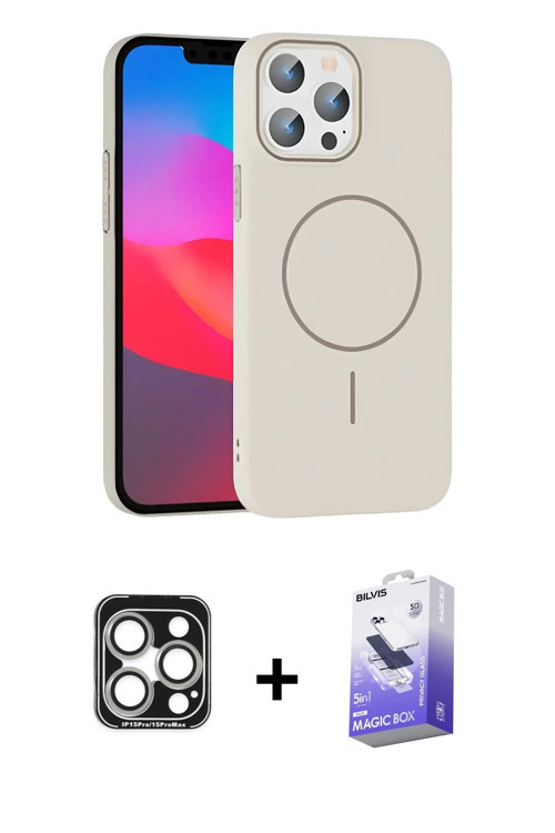 iPhone 15 Pro Max Kılıf Siluet Doku Özel Seri - Siyah Bilvis 5in1 5D Magic Hayalet Cam Ekran Ko