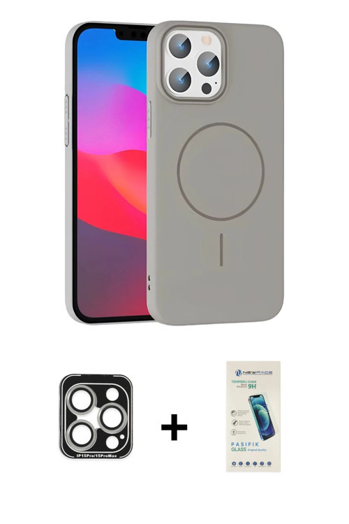 ieg™ iPhone 15 Pro Max Kılıf Siluet Doku Özel Seri - Şeffaf Pasifik Cam Ekran Koruyucu + Gümüş PVD M