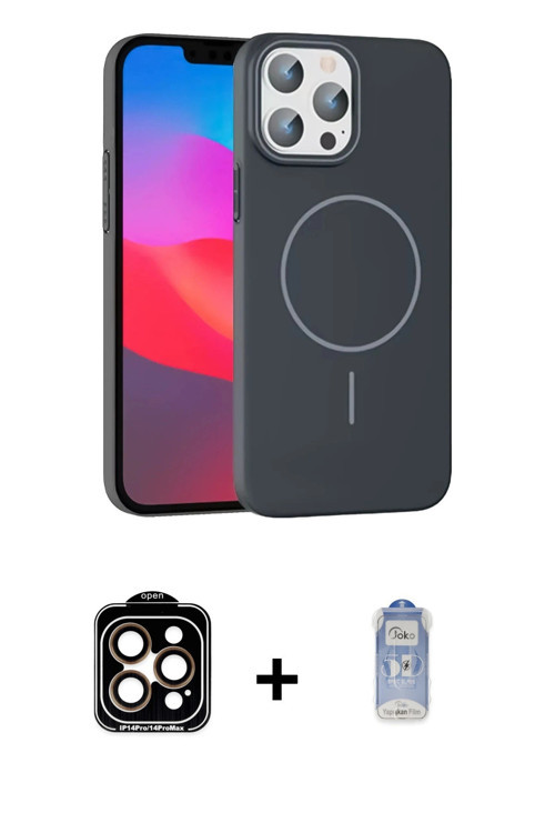 ieg™ iPhone 15 Pro Max Kılıf Siluet Doku Özel Seri - Siyah Joko Magic 5D Cam + Turuncu PVD Metal Kam