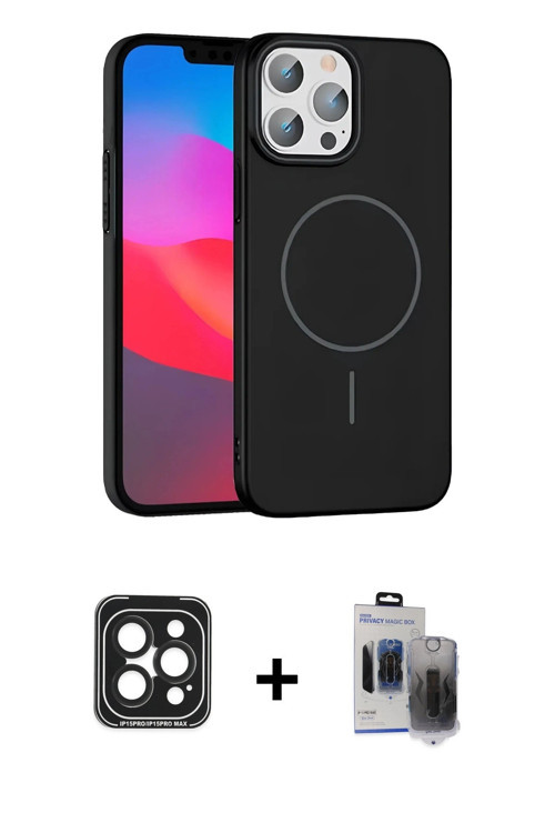 ieg™ iPhone 15 Pro Max Kılıf Siluet Doku Özel Seri - Siyah Vanessa Magic Hayalet Cam + Siyah PVD Met