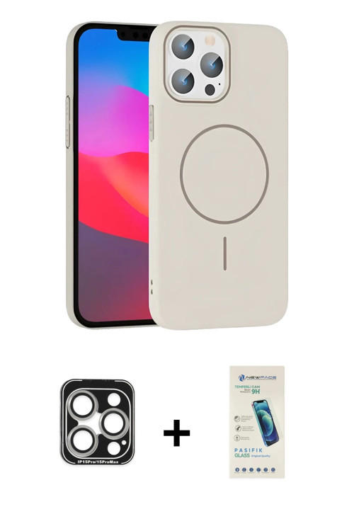 ieg™ iPhone 15 Pro Max Kılıf Siluet Doku Özel Seri - Şeffaf Pasifik Cam Ekran Koruyucu + Gümüş PVD M