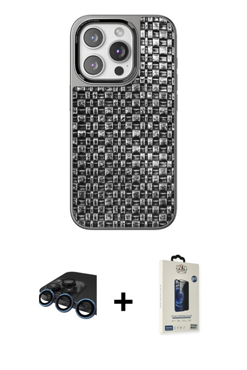 ieg™ iPhone 15 Pro Max Kılıf Siluet Form Serisi - Siyah Bilvis Hayalet Cam Ekran Koruyucu + Lacivert