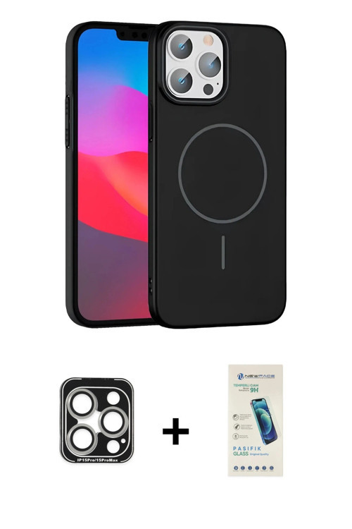 ieg™ iPhone 15 Pro Max Kılıf Siluet Doku Özel Seri - Şeffaf Pasifik Cam Ekran Koruyucu + Gümüş PVD M