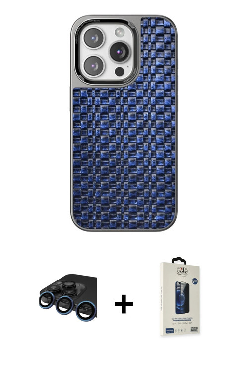 ieg™ iPhone 15 Pro Max Kılıf Siluet Form Serisi - Siyah Bilvis Hayalet Cam Ekran Koruyucu + Lacivert
