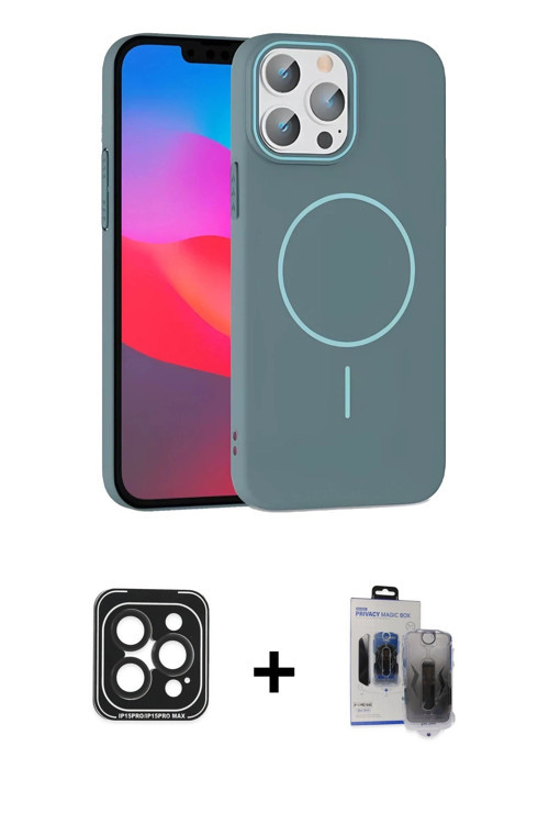 ieg™ iPhone 15 Pro Max Kılıf Siluet Doku Özel Seri - Siyah Vanessa Magic Hayalet Cam + Siyah PVD Met