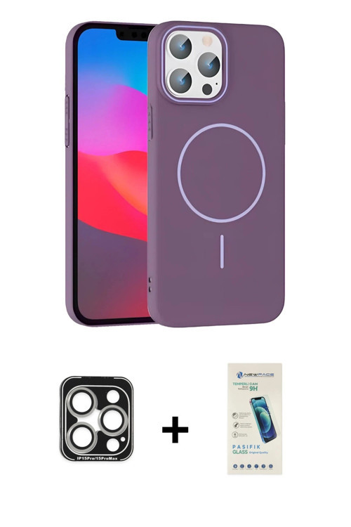 ieg™ iPhone 15 Pro Max Kılıf Siluet Doku Özel Seri - Şeffaf Pasifik Cam Ekran Koruyucu + Gümüş PVD M