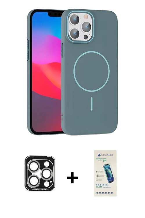 ieg™ iPhone 15 Pro Max Kılıf Siluet Doku Özel Seri - Şeffaf Pasifik Cam Ekran Koruyucu + Gümüş PVD M