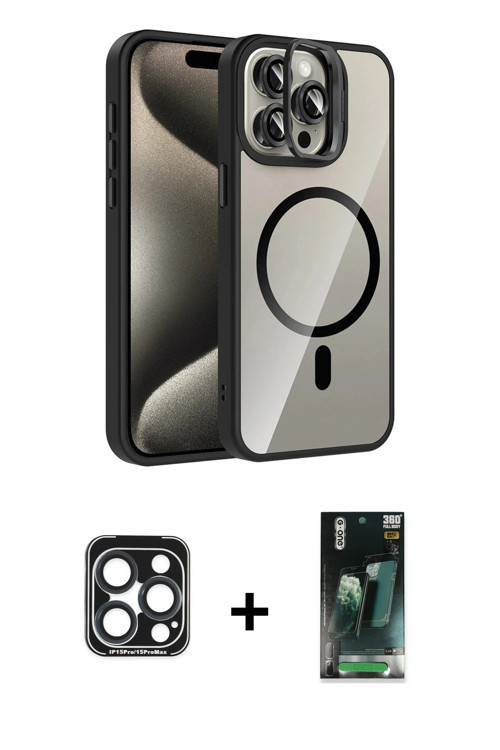 ieg™ iPhone 15 Pro Max Kılıf Yadigar Asil Koleksiyonu - Siyah 360 Mat Full Body Arka Koruyucu + Laci