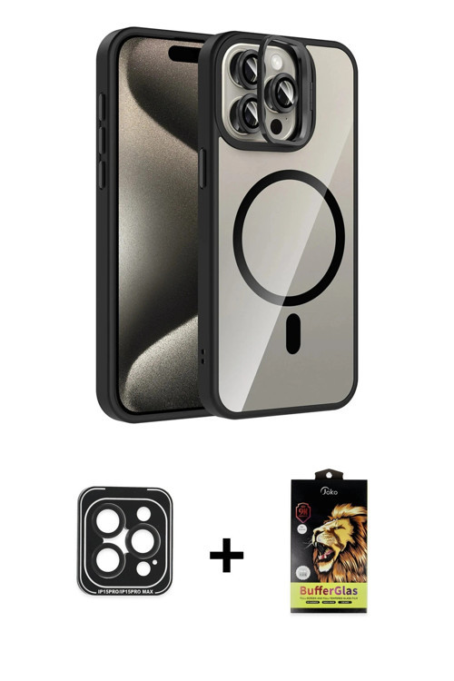 ieg™ iPhone 15 Pro Max Kılıf Yadigar Asil Koleksiyonu - Siyah Buffer Cam Ekran Koruyucu + Siyah PVD