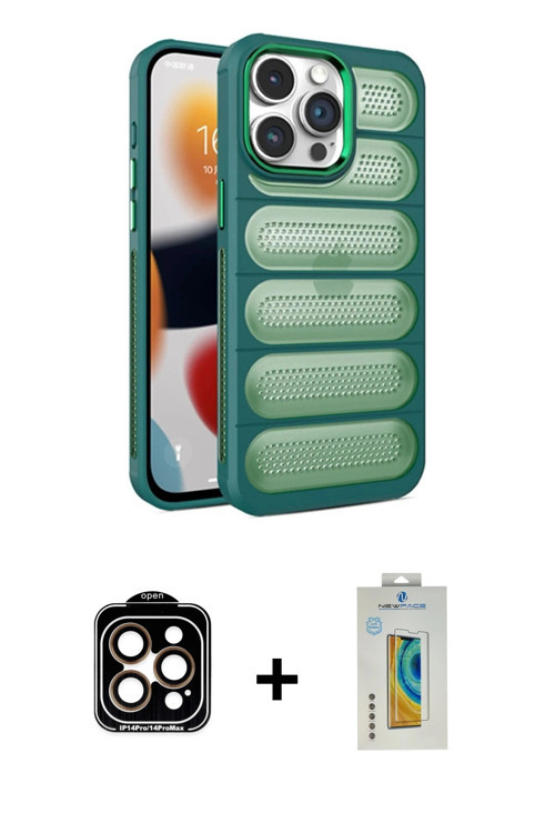 ieg™ iPhone 15 Pro Max Kılıf Yadigar Doku Özel Seri - Siyah Polymer Nano Ekran Koruyucu + Turuncu PV