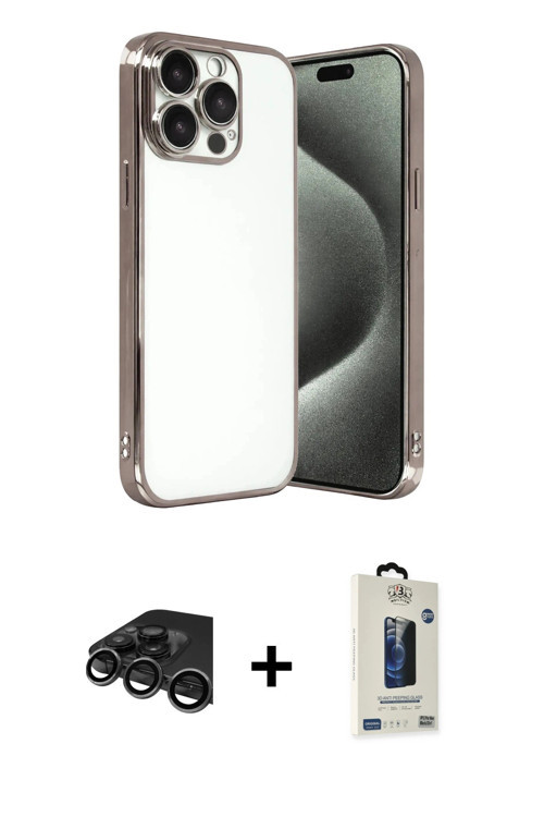iPhone 15 Pro Max Kılıf Vadi Minimal - Siyah Bilvis Hayalet Cam Ekran Koruyucu + Titanyum Gri R