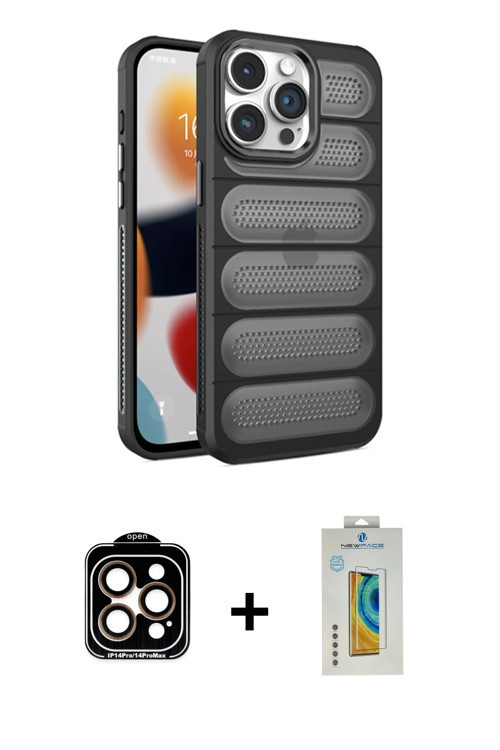 ieg™ iPhone 15 Pro Max Kılıf Yadigar Doku Özel Seri - Siyah Polymer Nano Ekran Koruyucu + Turuncu PV