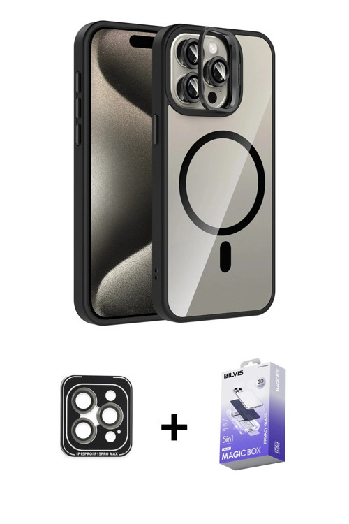 ieg™ iPhone 15 Pro Max Kılıf Yadigar Asil Koleksiyonu - Siyah Bilvis 5in1 5D Magic Hayalet Cam Ekran