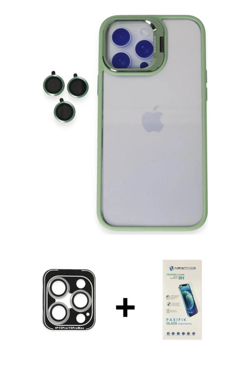 ieg™ iPhone 15 Pro Max Kılıf Yankı Asil Serisi - Şeffaf Pasifik Cam Ekran Koruyucu + Gümüş PVD Metal