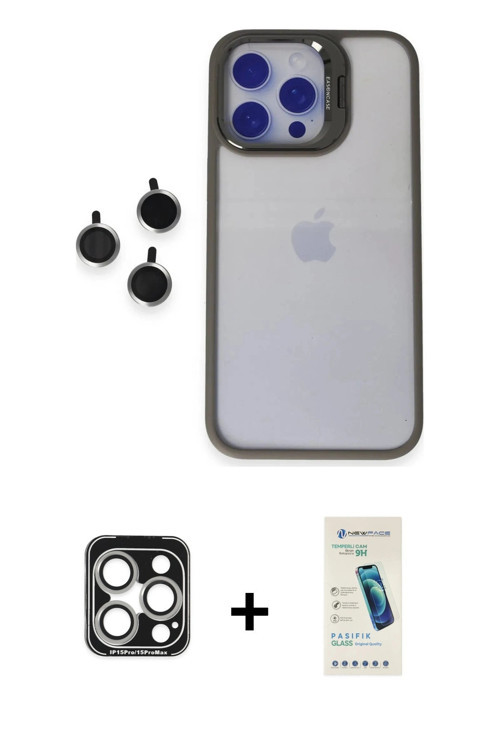 ieg™ iPhone 15 Pro Max Kılıf Yankı Asil Serisi - Şeffaf Pasifik Cam Ekran Koruyucu + Gümüş PVD Metal