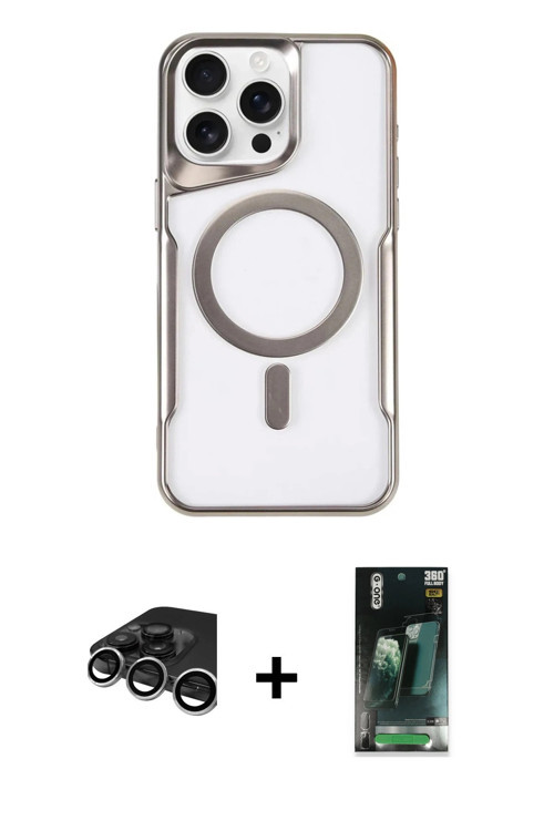 ieg™ iPhone 15 Pro Max Kılıf Yadigar Klasik Özel Seri - Şeffaf 360 Full Body Arka Koruyucu + Gümüş R
