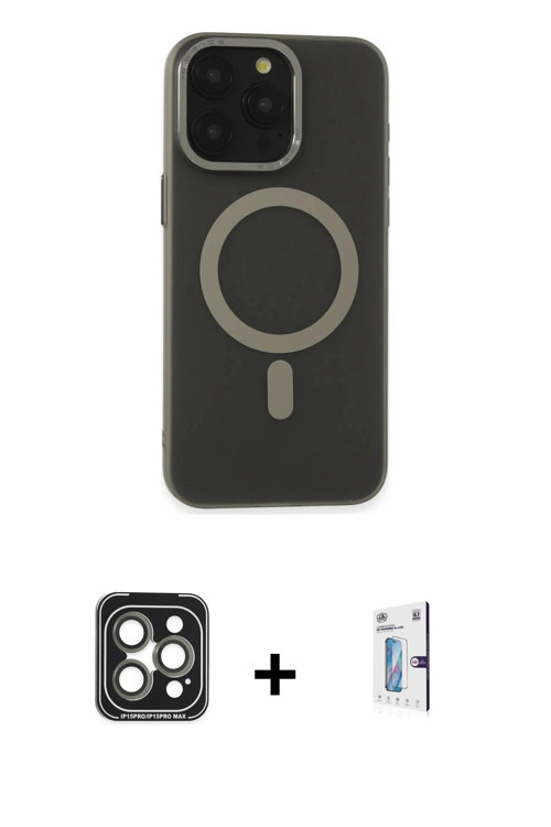 ieg™ iPhone 15 Pro Max Kılıf Yadigar Işık - Siyah Bilvis 0.18mm Plus Cam Ekran Koruyucu + Gri PVD Me