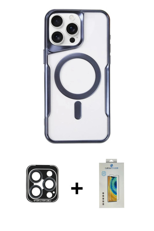 ieg™ iPhone 15 Pro Max Kılıf Yadigar Klasik Özel Seri - Siyah Polymer Nano Ekran Koruyucu + Lacivert