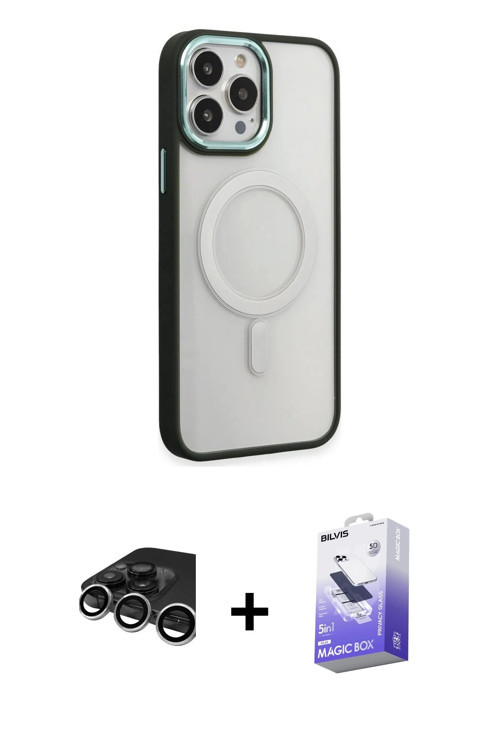 ieg™ iPhone 15 Pro Max Kılıf Yankı Işık Özel Seri - Siyah Bilvis 5in1 5D Magic Hayalet Cam Ekran Kor