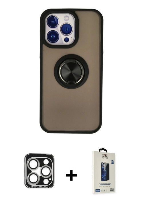 ieg™ iPhone 15 Pro Max Kılıf Yörünge Çizgi - Siyah Bilvis Hayalet Cam Ekran Koruyucu + Gümüş PVD Met