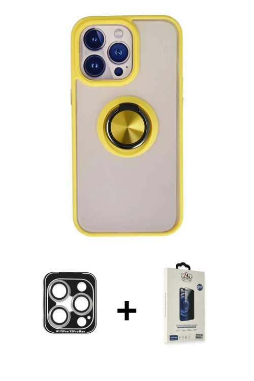 ieg™ iPhone 15 Pro Max Kılıf Yörünge Çizgi - Siyah Bilvis Hayalet Cam Ekran Koruyucu + Gümüş PVD Met