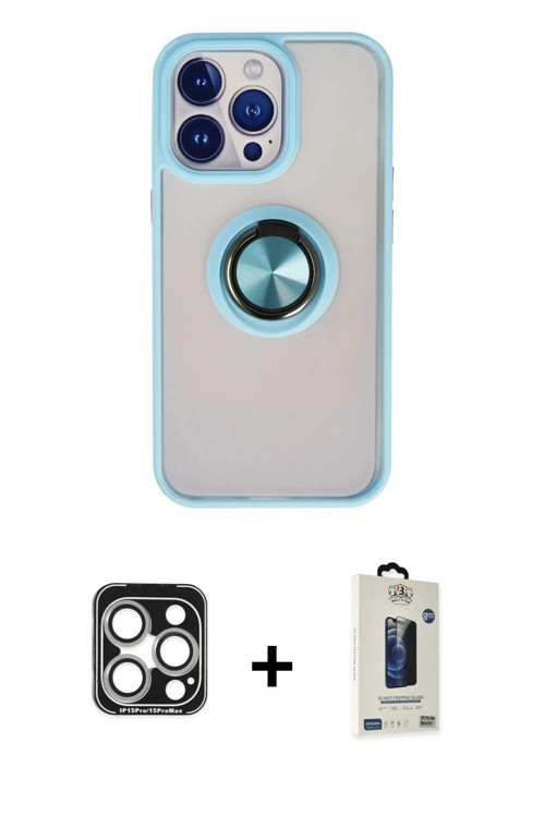 ieg™ iPhone 15 Pro Max Kılıf Yörünge Çizgi - Siyah Bilvis Hayalet Cam Ekran Koruyucu + Gümüş PVD Met