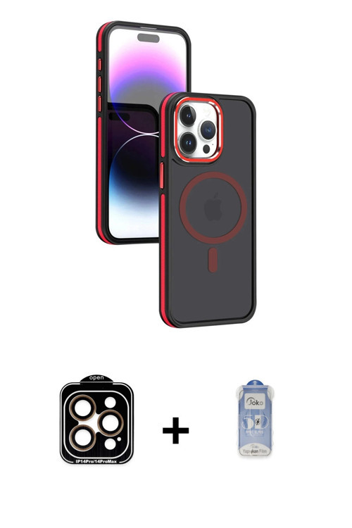 ieg™ iPhone 15 Pro Max Kılıf Yörünge Klasik - Siyah Joko Magic 5D Cam + Turuncu PVD Metal Kamera Len
