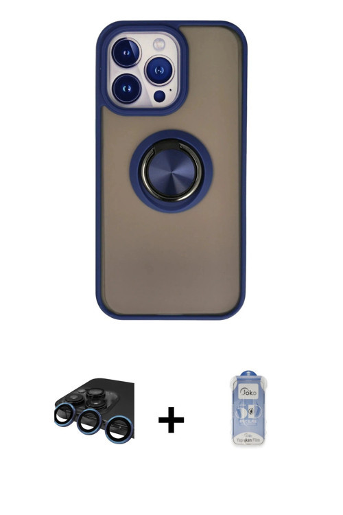 ieg™ iPhone 15 Pro Max Kılıf Yörünge Çizgi - Siyah Joko Magic 5D Cam + Lacivert Raze Metal Kamera Le