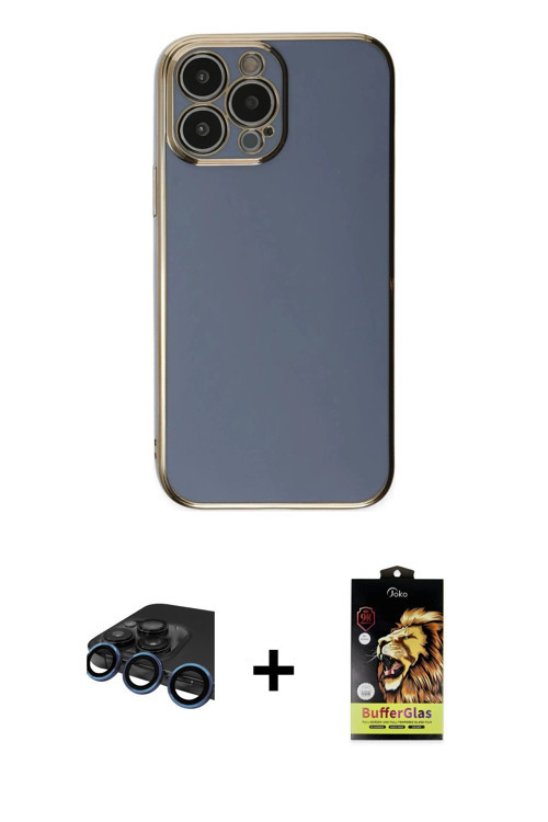 ieg™ iPhone 15 Pro Max Kılıf Yankı Serisi - Siyah Buffer Cam Ekran Koruyucu + Lacivert Raze Metal Ka