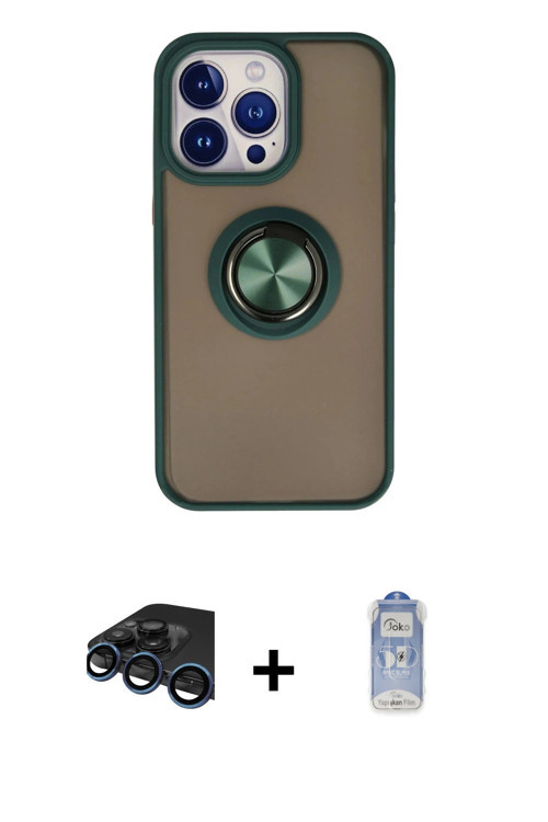 ieg™ iPhone 15 Pro Max Kılıf Yörünge Çizgi - Siyah Joko Magic 5D Cam + Lacivert Raze Metal Kamera Le