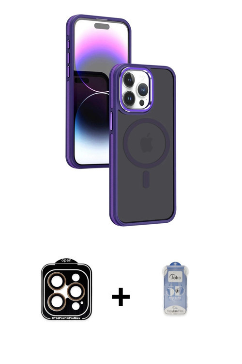 ieg™ iPhone 15 Pro Max Kılıf Yörünge Klasik - Siyah Joko Magic 5D Cam + Turuncu PVD Metal Kamera Len