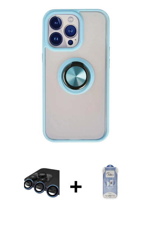 ieg™ iPhone 15 Pro Max Kılıf Yörünge Çizgi - Siyah Joko Magic 5D Cam + Lacivert Raze Metal Kamera Le