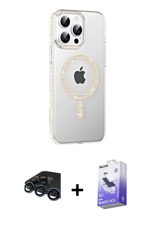 ieg™ iPhone 15 Pro Max Kılıf Yörünge Koleksiyonu - Siyah Bilvis 5in1 5D Magic Hayalet Cam Ekran Koru