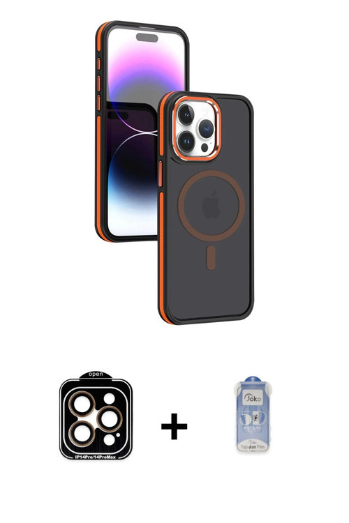 ieg™ iPhone 15 Pro Max Kılıf Yörünge Klasik - Siyah Joko Magic 5D Cam + Turuncu PVD Metal Kamera Len
