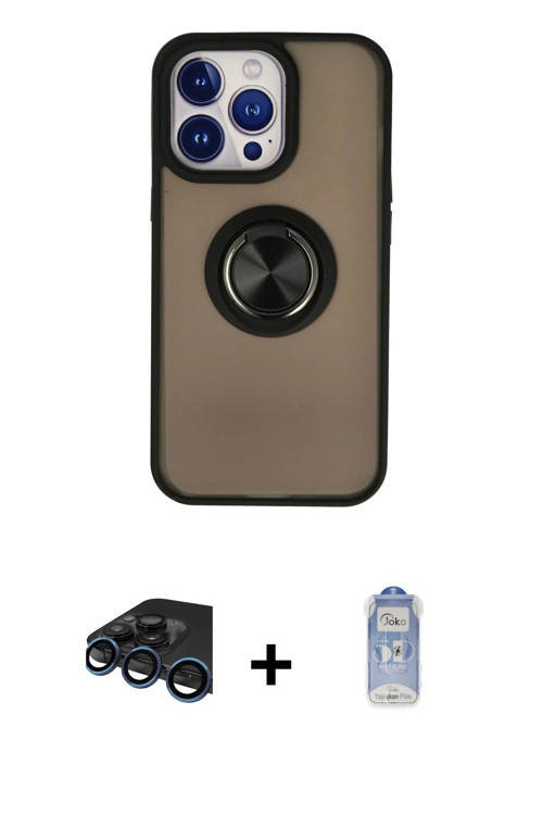 ieg™ iPhone 15 Pro Max Kılıf Yörünge Çizgi - Siyah Joko Magic 5D Cam + Lacivert Raze Metal Kamera Le