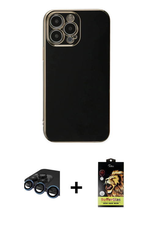 ieg™ iPhone 15 Pro Max Kılıf Yankı Serisi - Siyah Buffer Cam Ekran Koruyucu + Lacivert Raze Metal Ka