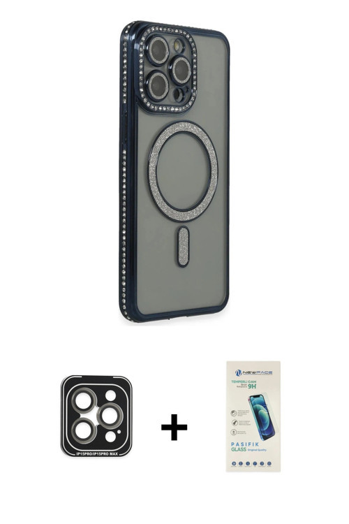 ieg™ iPhone 15 Pro Max Kılıf Zirve Doku Prime - Şeffaf Pasifik Cam Ekran Koruyucu + Gri PVD Metal Ka