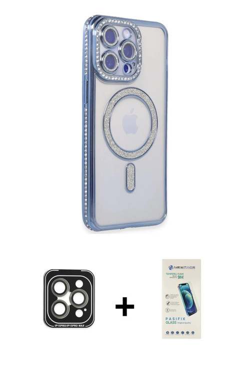 ieg™ iPhone 15 Pro Max Kılıf Zirve Doku Prime - Şeffaf Pasifik Cam Ekran Koruyucu + Gri PVD Metal Ka