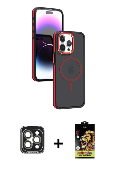ieg™ iPhone 15 Pro Max Kılıf Yörünge Klasik - Siyah Buffer Cam Ekran Koruyucu + Gri PVD Metal Kamera