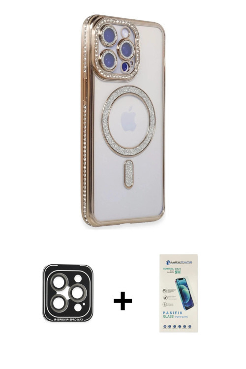 ieg™ iPhone 15 Pro Max Kılıf Zirve Doku Prime - Şeffaf Pasifik Cam Ekran Koruyucu + Gri PVD Metal Ka